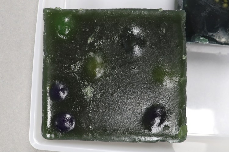 A dark green gelatin mold containing water beads