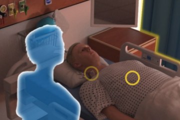 A virtual rendering of a learning module depicting a holographic learner preparing to conduct a central venous line removal procedure on a Caucasian patient in a medical gown laying in a hospital bed