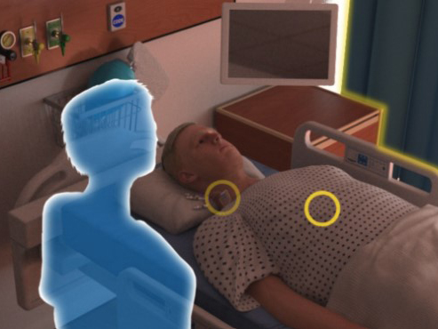 A virtual rendering of a learning module depicting a holographic learner preparing to conduct a central venous line removal procedure on a Caucasian patient in a medical gown laying in a hospital bed