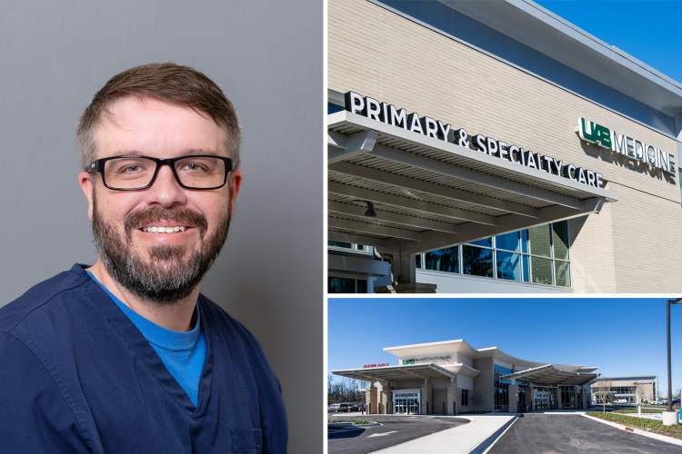 A photo collage featuring the headshot of a Caucasian male in dark blue medical scrubs, next to photos depicting the exterior of a primary and specialty care clinic and a freestanding emergency department