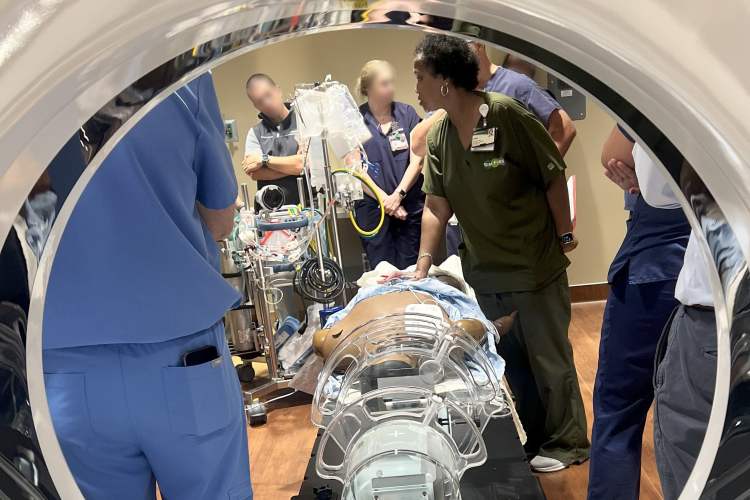 A woman in olive green medical scrubs speaking with health-care professionals as seen through an opening in a medical device