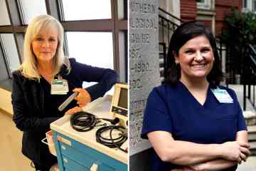 A two-part photo collage featuring two women in navy blue medical scrubs