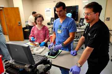 A woman in a flower blouse, a man in light blue medical scrubs and a man in black medical scrubs participating in a health-care simulation with an ultrasound device