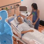 A virtual experience screenshot depicting a male patient in a hospital bed, with a female family member beside him and a blue user avatar facing them both