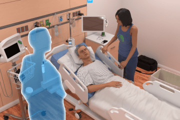 A virtual experience screenshot depicting a male patient in a hospital bed, with a female family member beside him and a blue user avatar facing them both