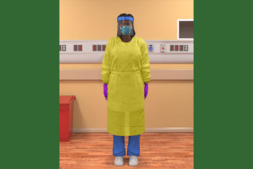 A virtual image of a woman wearing personal protective equipment