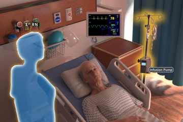 A screenshot from an eLearning module on heparin administration, depicting a virtual avatar standing beside a virtual patient