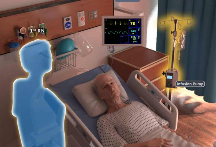 A screenshot from an eLearning module on heparin administration, depicting a virtual avatar standing beside a virtual patient