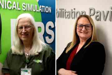 Side-by-side portraits of two people, one wearing olive green Sim First scrubs in front of a UAB Clinical Simulation display and the other wearing a black jacket and red top in front of a wall display.
